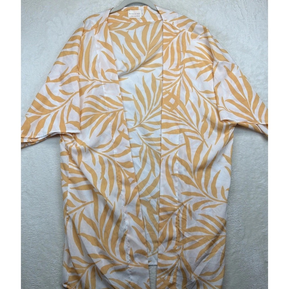 Maison Du Soir Kimono Robe Women's M Tropical Leaf Print White Yellow Resort